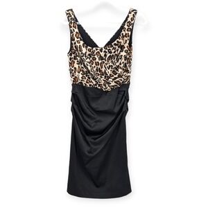 Suzi‎ Chin Ruched Satin Cocktail Party Dress Sz 8 Retro Leopard Sexy V-Neck